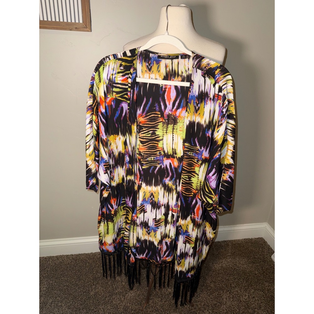 Russell Kemp NEW YORK 1X Abstract Print Kimono Fringe Black Multi Color